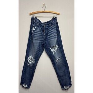 American Eagle Women’s Tomgirl Jeans Denim Size 14R Dark Wash Distressed Cotton